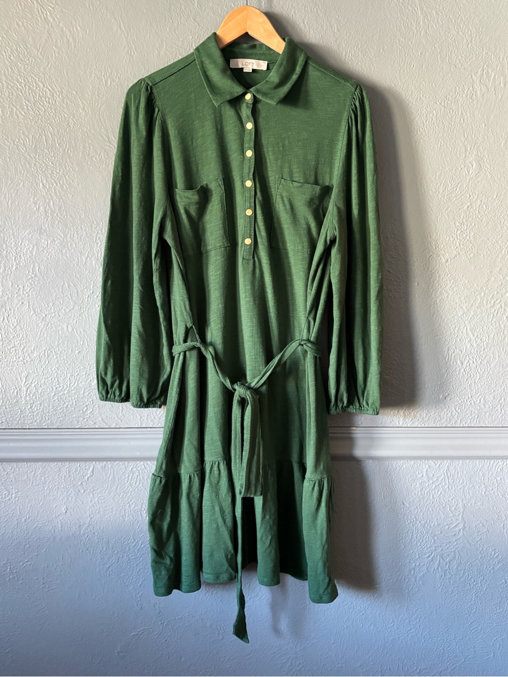 LOFT Green Tie Waist Shirt Dress XL Cotton Long Sleeve - Picture 3 of 14